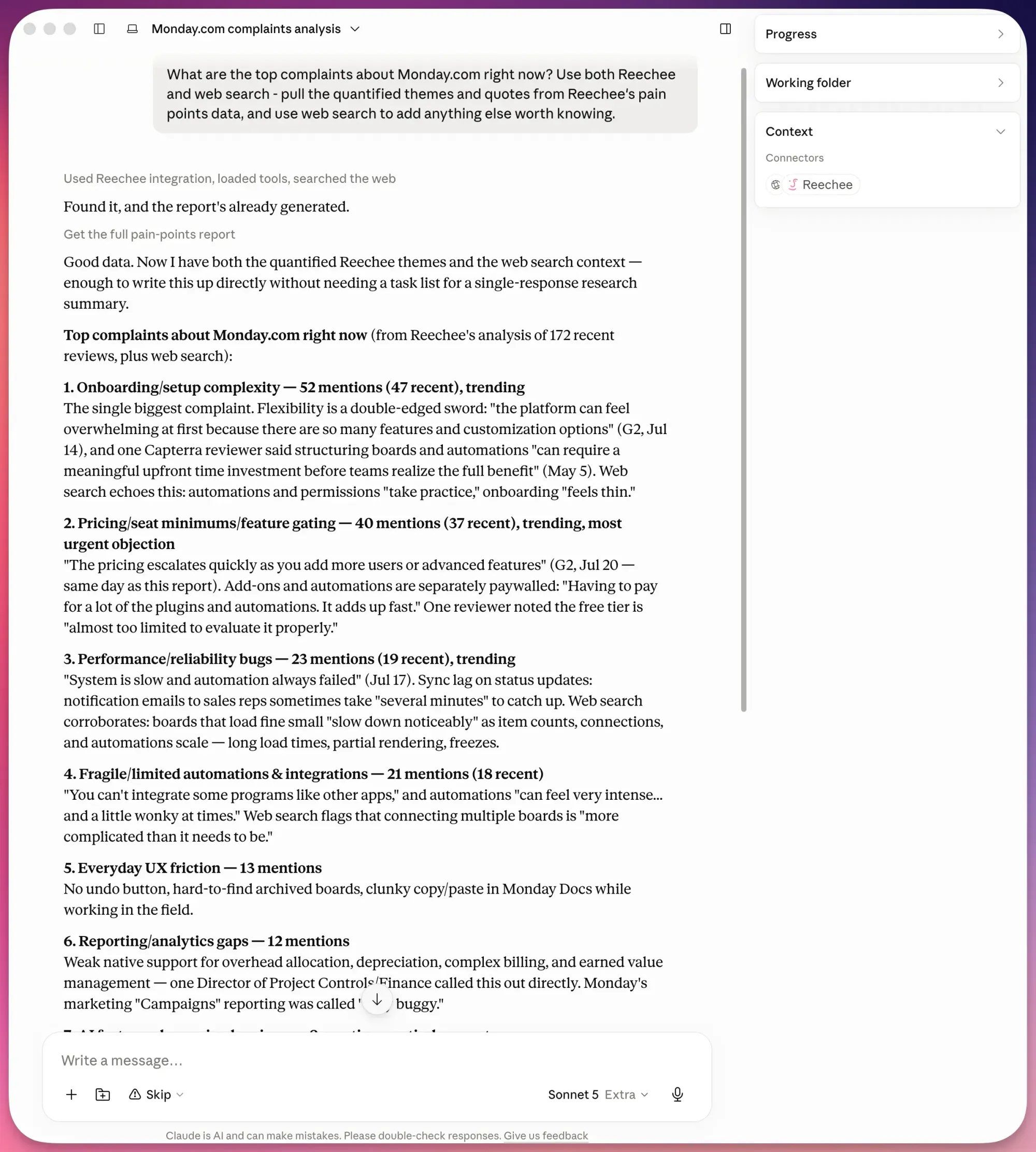 Screenshot of Claude using the Reechee and web search connectors together to answer "what are the top complaints about Monday.com," showing quantified pain point themes with dated review quotes