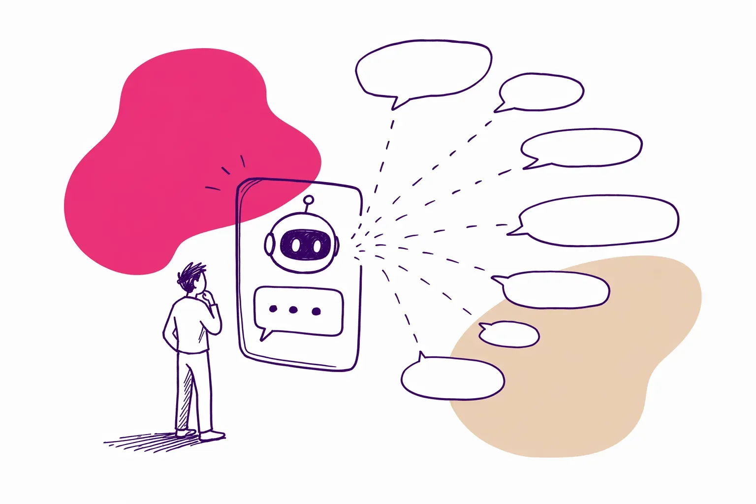 An editorial doodle of a person standing in front of a chatbot interface that radiates empty answers