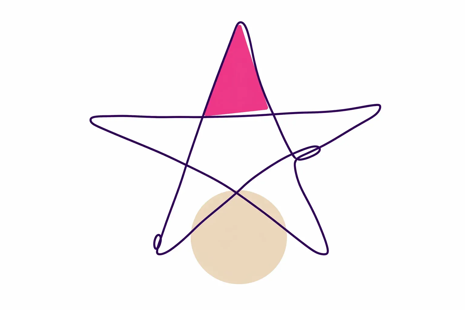 A minimalist editorial line drawing of a five-pointed star, with one of its five points filled in solid magenta and a warm beige circle floating behind it.