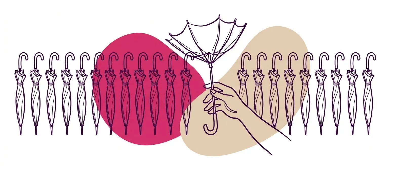 Line illustration of a hand picking the one inside-out umbrella from a row of identical closed umbrellas