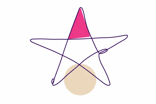 A minimalist editorial line drawing of a five-pointed star, with one of its five points filled in solid magenta and a warm beige circle floating behind it.