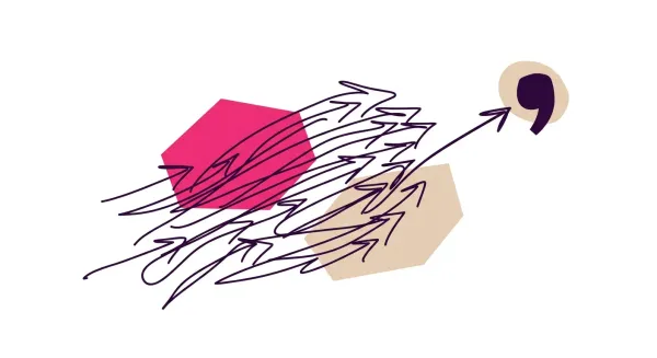 Editorial doodle of parallel arrows breaking into one path toward a quotation mark