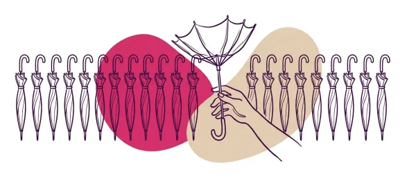 Line illustration of a hand picking the one inside-out umbrella from a row of identical closed umbrellas