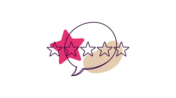 Editorial line drawing of a speech bubble tucked behind a row of five stars, with solid magenta and beige shapes behind the linework